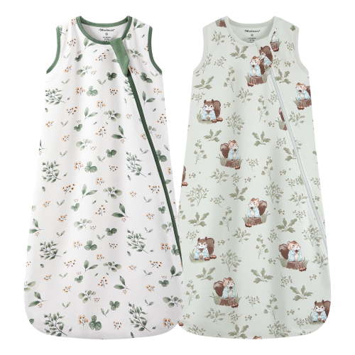 2Pcs Mosebears 0.5 Tog Baby Sleeping Bag - Cotton Summer Sleep Sack for Newborns, Boys & Girls(Animal&Plant,S(0-6 Months))
