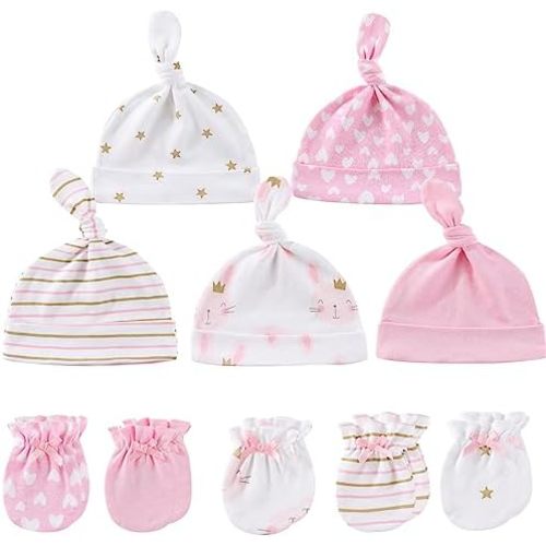 MAMIMAKA Baby Hat and Mittens Set Newborn Baby Hats Caps for Baby Boys Girls 0-6 Months 100% Cotton