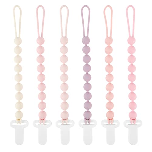 MINMUNJIU Pacifier Clips Baby Girl, 6 Pack One Piece Flexible Soft Binky Clips Silicone Pacifier Holder Clip for Girls, Baby Girl Newborn Essentials