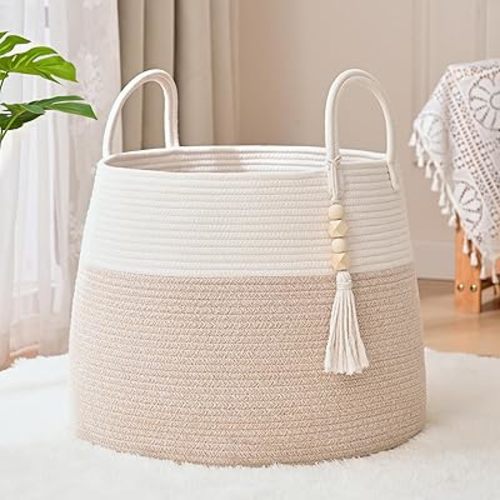 Large Nursery Hamper, 60L Blanket Basket with Handle, Baby Laundry Basket for Gift, Toy, Clothes, Woven Storage Basket with Wooden Bead Decor, Baby Hamper for Nursery(Brown)