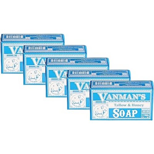 VanMan Beef Tallow and Honey Bar Soap – Pure Grass-Fed Beef Tallow for Skin with Raw Honey & Distilled Water, Unscented Soap, Hydrating & Nourishing, Clean Ingredients, 3.8oz - 5 Pack