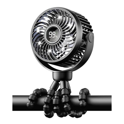 Bearwind Mini Portable Stroller Fan for Travel,360 Rotation,4-Speed LED Night Light Clip on Fans Operated by Rechargeable Battery, Baby Essentials for Car Seat Beach Bed Golf Cart (Black)