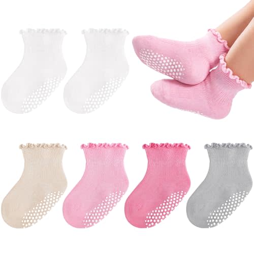 6 Pairs Toddler Ruffle Socks Non Slip Baby Girls Grips Socks Cute Cotton Seamless Toe