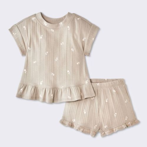 Baby Girls' 2pc Floral Peplum T-Shirt and Ruffle Shorts Set - Cloud Island™ Tan 0-3M