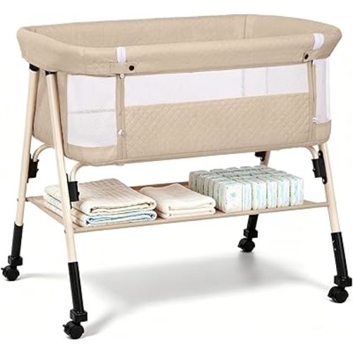 Baby Bassinet, 3-in-1 Baby Bassinets Bedside Sleeper for Newborn with Breathable Mesh, Portable Baby Crib with 4- Adjustable Height, Mattress, Storage Basket & Lockable Wheels, CPSC Beige