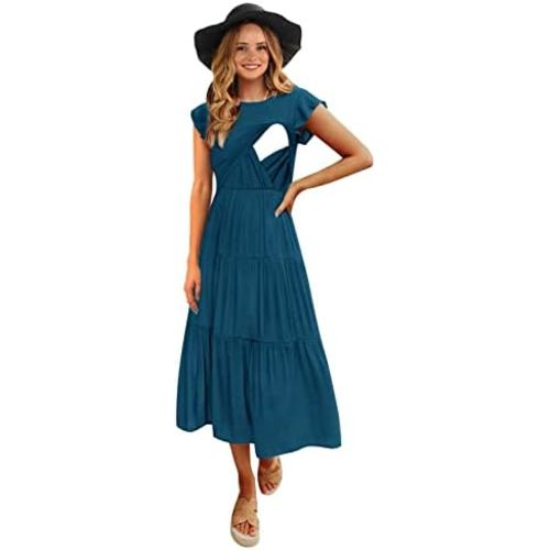 Womens Flutter Short Sleeve Smocked Tiered Nursing Dress for Breastfeeding
