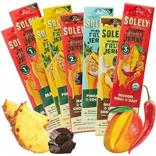 SOLELY - Organic Fruit Jerky Variety Pack - 8 Flavors, 8 Individually Wrapped Fruit Strips - Fruit Leather - Healthy Snacks for Adults & Kids - Non GMO, Vegan - 0.8oz (23g)