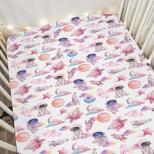Watercolor Outer Space Baby Crib Sheets for Boy Girl 52x28Inch Cute Astronaut Rocket Planet Moon Soft Snug Fitted Crib Mattress Cover Pastel Cosmos Baby Sheet for Standard Crib & Toddler Mattress Pink