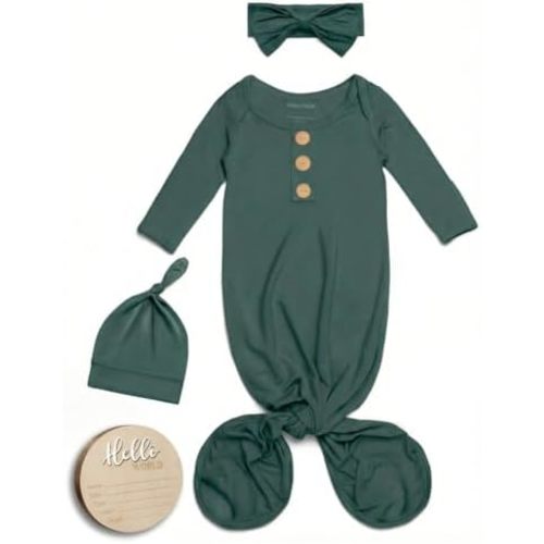 Baby Noah Newborn Knotted Gown, Ultra-Soft Silky Long Sleeve Sleeper, Unisex Coming Home Outfit Set With Wooden Name Sign
