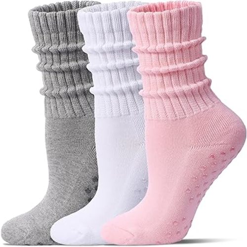 Pilates Socks for Women Mid Calf Slouch Yoga Socks with Non Slip Grippers for Barre Boot Sock 3 Pairs