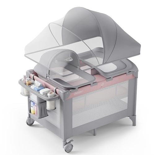 4-in-1 Baby Bassinet with Playard, Napper Bassinet, Changing Table, Mosquito Net & Canopy, Storage and Toys for Newborn to Toddler