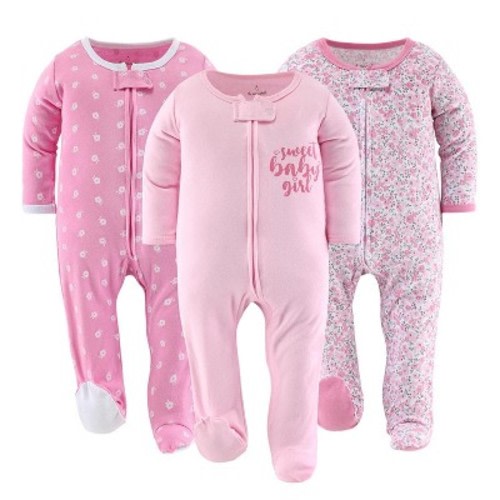 The Peanutshell Floral Love Footed Baby Sleepers for Girls, 3 Pack, Newborn, Pink