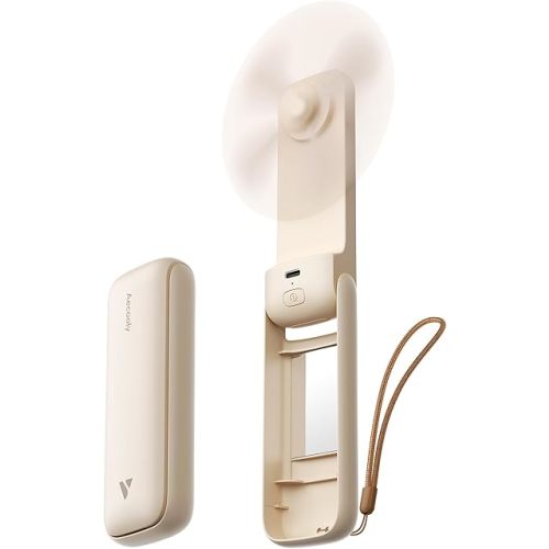 Aecooly Slim Portable Fan, Thin Handheld Fan, USB Rechargeable Mini Personal [24H Max Cooling Time], Battery Powered Small Foldable Pocket for Travel, Summer, Gifts for Women, Girls -Beige