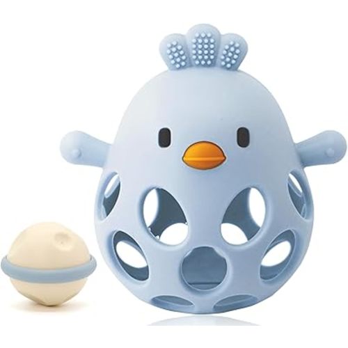 2-in-1 Baby Teething Rattle Toy, Sensory Grasping Teether for Infants 3-12 Months, 100% Food-Grade Silicone, Easy to Hold, Soothing & Developmental, BPA Free