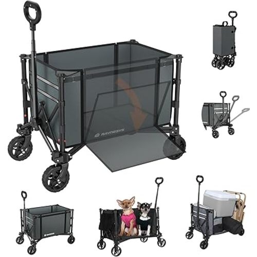 Collapsible Wagon Cart with Wheels 220lbs Foldable Wagon 120L Shopping Cart for Groceries Folding Utility Wagon for Beach, Garden, Camping, Sport, Apartment, Wheelbarrows, Gray