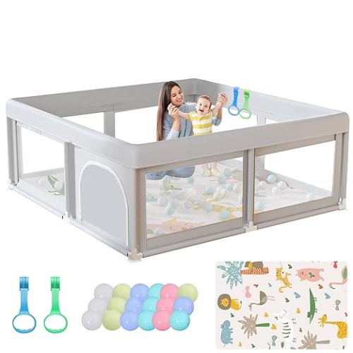 Baby Playpen with Mat, 50x50 Inch Playpen for Babies and Toddlers | Baby Fence for Indoor & Outdoor, Sturdy Safety Play Yard with Soft Breathable Mesh, Anti-Fall