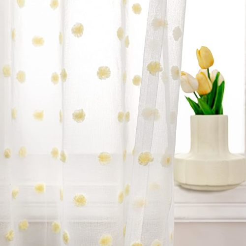 MYSKY HOME Short Curtains for Small Window - 45 Inch Long Pom Pom Sheer Curtains for Bedroom, Living Room, Kitchen, Nursery - Yellow Cafe Panels with Rod Pocket - 2 Sets Voile - 52 x 45 in
