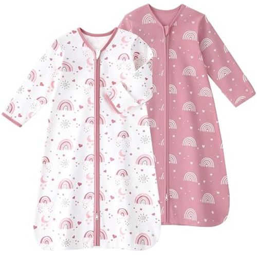 FIEMOL Baby Sleep Sack 0-6 Months, Long Sleeve Baby Wearable Blanket 0.5 Tog with Mittens, 2-Way Zipper Newborn Cotton Sleeping Sack for Boy and Girl Pink Rainbow 2 Pack (Small)