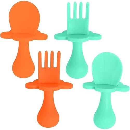 Baby Feeding Utensils Set - Infant and Baby Fork and Spoon for Ages 1-11 Months, BPAs and Phthalate-Free Cutlery, 2 Sets, Mint and Orange