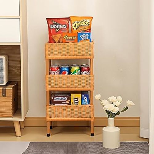 3-Tier Rattan Shelving - Hand Woven Rattan Storage Rack Cabinet & Laundry Basket Stand Multi-Functional for Bedroom Living Room | Home Organization Essential (Brown, 23.62 * 7.87 * 11.81in)