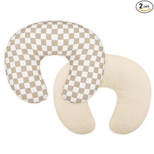 DILIMI Muslin Nursing Pillow Cover 2 Pack, Removable Nursing Cover for Breastfeeding Pillows, Ultra Soft Comfortable Slipcover for Baby Girl and Boy, Beige and Brown Checkered