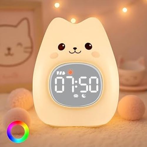 Cat Alarm Clock with Night Light for Kids with Sleep Training and Sound Machine, Rechargeable Silicone Lamp OK to Wake Clock,Cute Animal Tabletop Lamp, Perfect Sleep Companion for Boys Girls