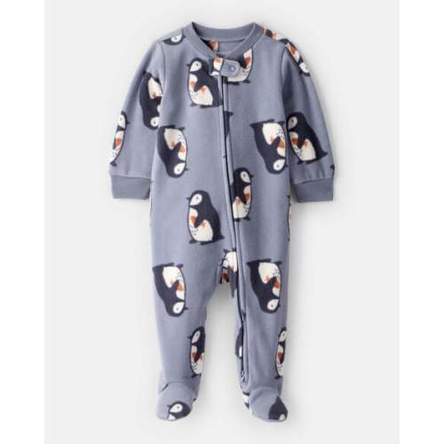 Baby Boy Penguin Fleece 2-Way Zip Sleep & Play Pajamas - Grey | Carter's