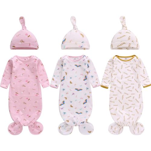 Newborn Knotted Nightgown Long Sleeve with Matching Hat Set 3 Pack, Cotton Baby Sleeper Gowns Sleeping Bags Home Outfits Set with Mitten Cuffs for Boys Girls (Symbol + Butterfly + Flower, 0-6 Months)