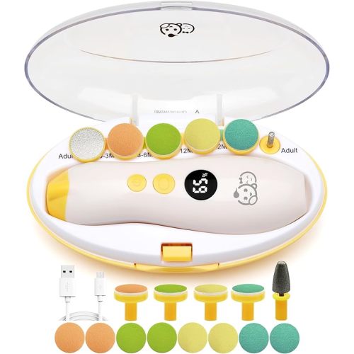 Royal Angels Upgraded 21 in 1 Baby Nail Trimmer with Labeled Case, 13 Extra Replacement Pads, Safe Electric Baby Nail File Kit for Newborn & Toddler, Whisper Quiet Nail Clipper with LED Light (Yellow)