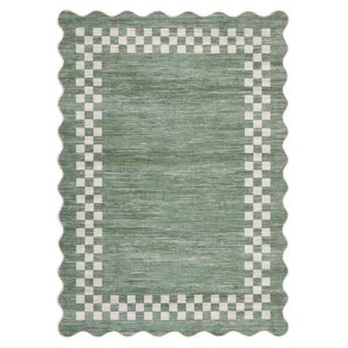 9'x12' Washable Modern Scalloped Border Bedroom Living Room Rugs, Low Pile Non Slip Floor Carpet for Home, Green