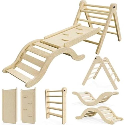 Pikler Triangle Set Climber 5 in 1, Toddler Climbing Toys Indoor Folding with Ramp & Arch for Montessori Play Gym for Toddlers and Kids (Natural)(99" Wx21 Dx23 H)