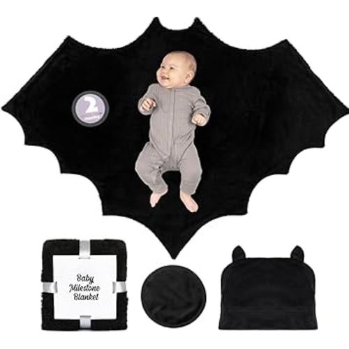 Sherpa Fleece Goth Bat Baby Swaddle Blanket Gift Set with Milestone Stickers, Bat Hat & Wings, Crib Size