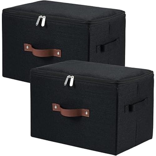 2 Pack Storage Bins with Zipper Lid Cotton Linen Fabric Lidded Storage Baskets Boxes Foldable Washable Closet Shelf Clothes Organizer Container with PU Leather Handles (Black, Large Size)