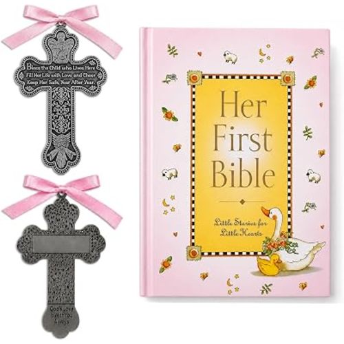 First Bible and 4" Pewter Baptism Guardian Angel Crib Cross (Original Version)