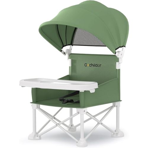 4-in-1 Portable Baby Chair, Foldable Toddler Booster Seat with Removable Tray, Canopy & Safety Harness, Green