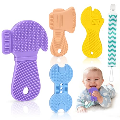 Baby Teething Toys, 4 Pack Silicone Baby Teether Toys with Pacifier Clips, Tool Shape for Babies 0-6 6-12 Months, Multi-Texture Gum Massage Teething Relief, Easy Grip for Newborn Infant Toddler