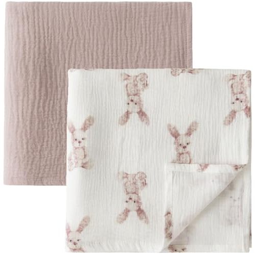 Little Jump 2-Pack Cotton Muslin Swaddle Blankets for Baby Boys Girls - Boho Baby Blanket for Boys & Girls- Large 47 x 47 inches Receiving Blanket Neutral (Bunny)