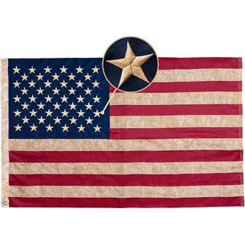 Homissor American Flag 3x5 Feet Tea-Stained Vintage US Flags for Outside Heavy Duty Outdoor Embroidered Stars USA Banner 2 Brass Grommets Sewn Stripes