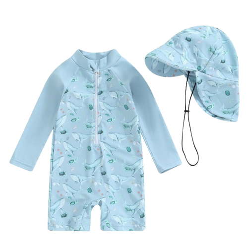 Xudanell Boys Swim Set Kid Boys Swimsuit Print Short Sleeve Zipper Baby Swimwear with Bucket Hat Baby Boy Swimsuit 0-3 Year