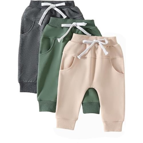 Toddler Baby Boy Fall Pants 3 Pack Active Jogger Casual Athletic Trousers Solid Color Pocket Elastic Waist Harem Bottoms