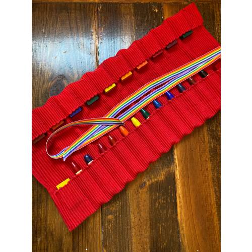 Crayon Roll for Waldorf or Montessori beeswax crayons, 24 slots for block and stick crayons, fold roll & tie
