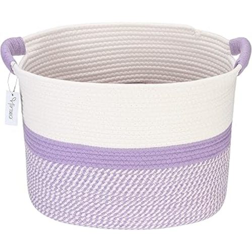 Hinwo Oval Woven Cotton Rope Storage Basket with Handles, Lavender