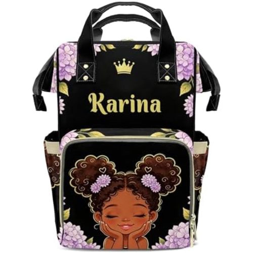 Personalized Diaper Bag Backpack Name Purple Hydrangea Black Girl Princess Multifunction Travel Backpack Nappy Bag Daypack for Mom Dad Boy Girl
