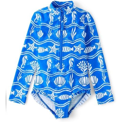 Gymboree,Girls,and Toddler Long Sleeve Rashguard One Piece Swimsuit,Beacon Blue,3T