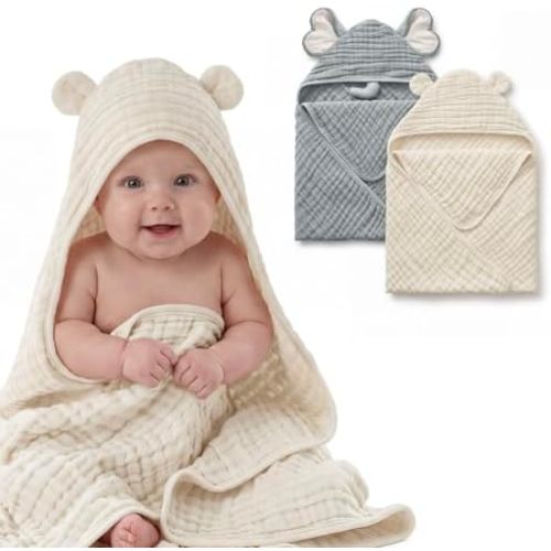 Blissful Diary Muslin Baby Hooded Towel 2 Pack, Soft & Absorbent Bath Towel for Infant, Toddler, Unisex, Baby Gift, Newborn Essentials, Gray Elephant & Beige Bear
