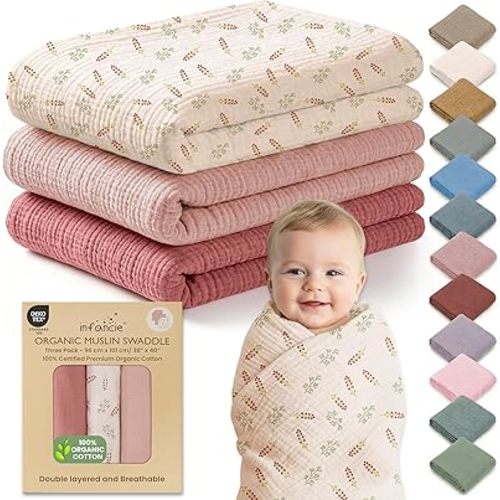 100% Organic Cotton Muslin Baby Blanket 3 Pack - Breathable Swaddle, Hypoallergenic Double-Layer, Versatile Use (Pink, Floral, Rust, 38x40 Inch)