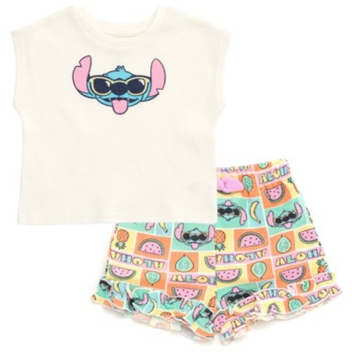 Disney Lilo & Stitch Newborn Baby Girls Waffle Knit T-Shirt and Shorts Outfit Set White Stitch 0-3 Months