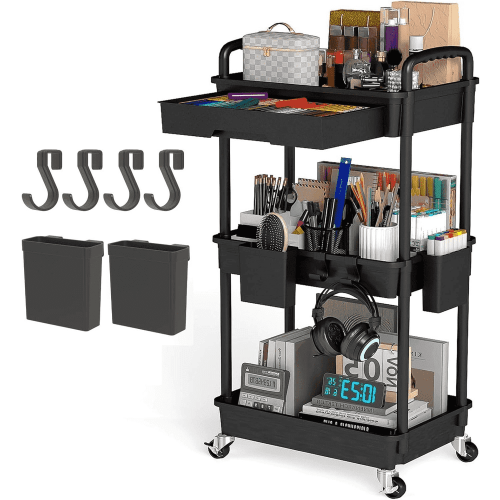 LLMRR 3 Tier Rolling Utility Cart with Drawer, Cart with Drawer & Handle, Bathroom Cart Organizer, Rolling Storage Cart with Drawer, Rolling Cart with Lockable Wheels for Kitchen, Office, Black