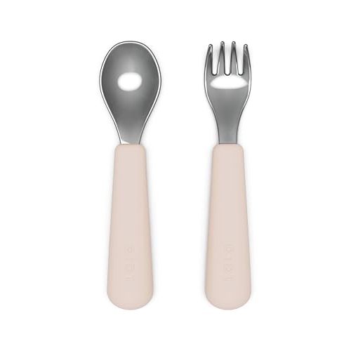 Lalo Utensils - Toddler Fork and Spoon Set - Stainless Steel and Silicone Ergonomic Toddler Utensils - Children Safe Flatware Set - 2 Pieces - Grapefruit