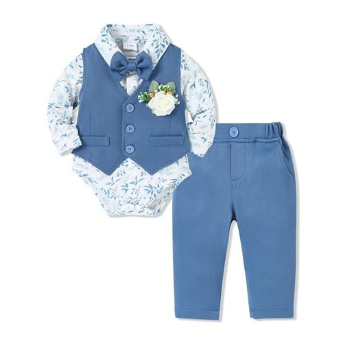 SANMIO Baby Boy Clothes Suits Infant Gentleman Outfit Collared Dress Shirt+Vest+Tie+Corsage+Pants 5Pcs Baby Suit Sets